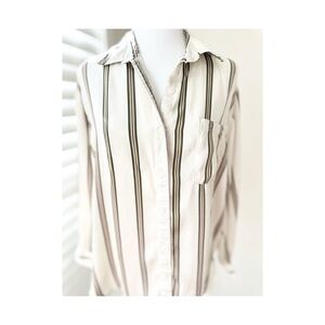 aerie Cream Button-Down Shirt with Black and Tan Vertical Stripes
